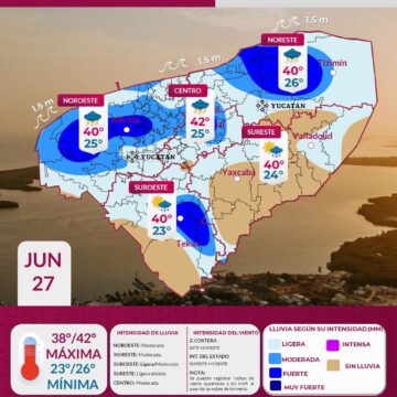 Clima en Yucatán hoy 27 de junio: Calor extremo de hasta 42 °C y tormentas dispersas