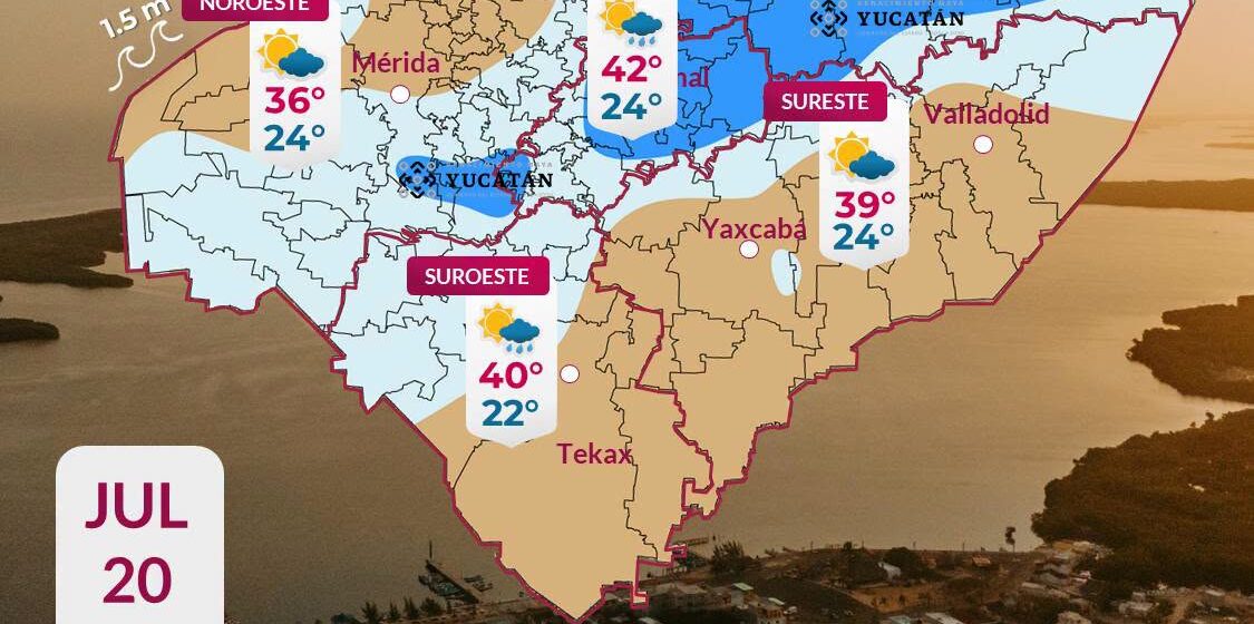 Pronostico (7) Clima en Yucatán: Pronostican lluvias dispersas y calor de hasta 42°C este lunes 20 de julio