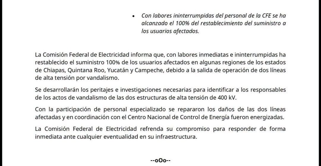 La Comisión Federal de Electricidad (CFE) informa