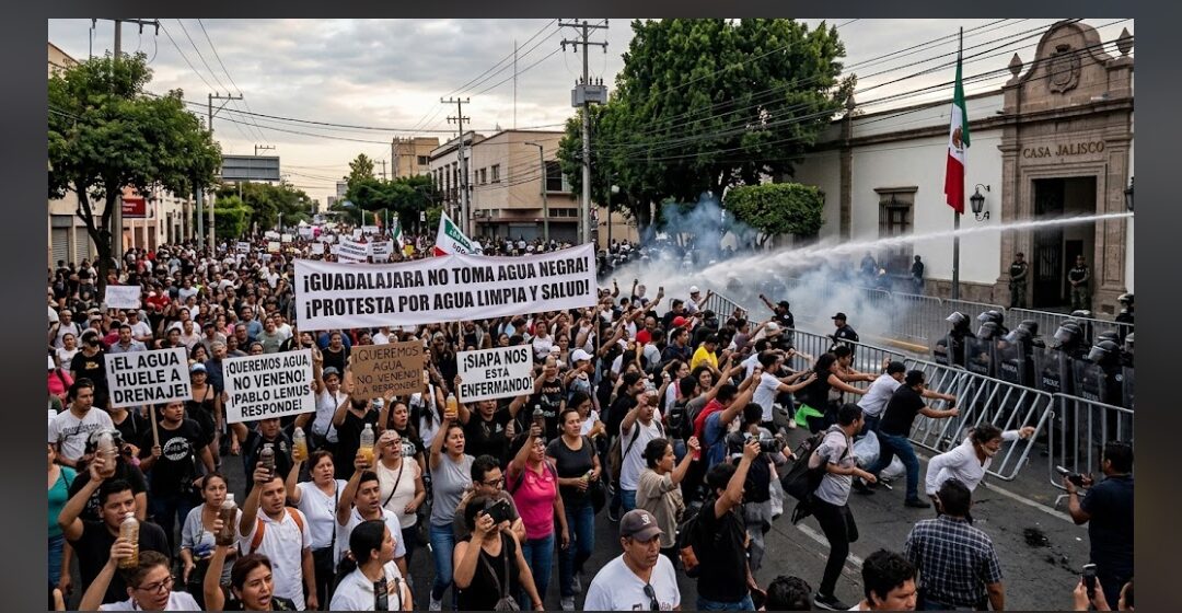 Estalla crisis en Guadalajara: Marcha por agua contaminada termina en enfrentamientos y detenidos frente a Casa Jalisco